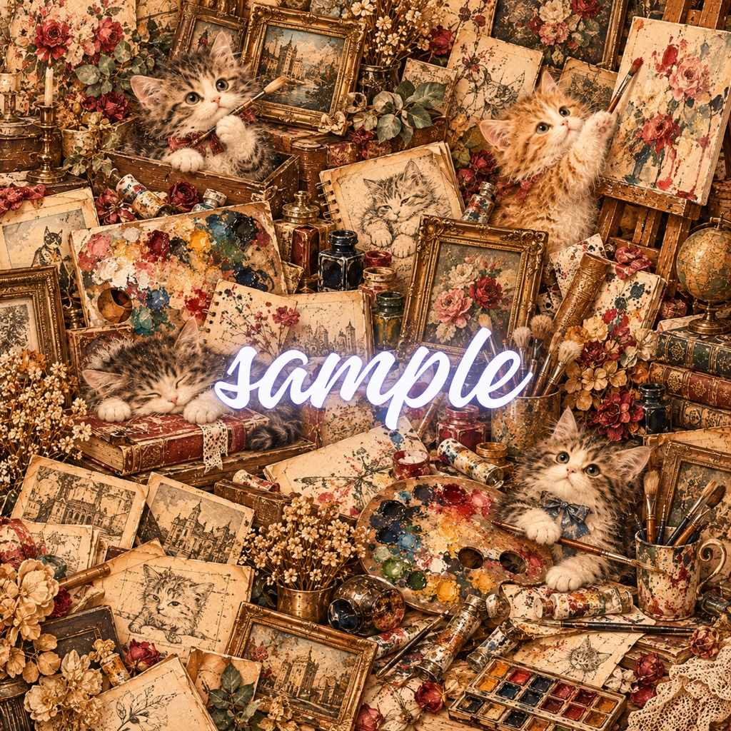 【期間限定価格】ヴィンテージ猫 デジタルペーパー ライフスタイル猫 5枚セット / Vintage Cat Digital Paper: Cozy Lifestyle Pack (3600px/商用利用OK/コラージュ・手帳デコ素材)
