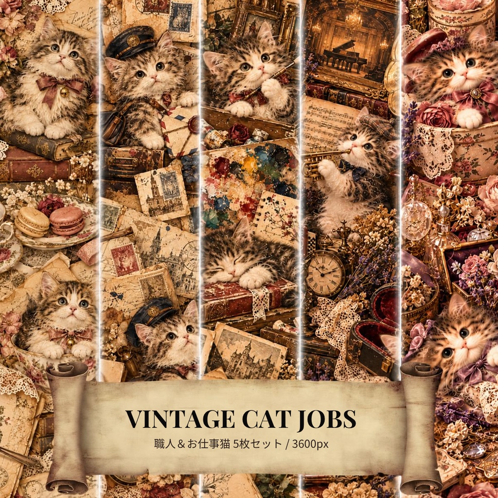 【期間限定価格】ヴィンテージ猫 デジタルペーパー ライフスタイル猫 5枚セット / Vintage Cat Digital Paper: Cozy Lifestyle Pack (3600px/商用利用OK/コラージュ・手帳デコ素材)