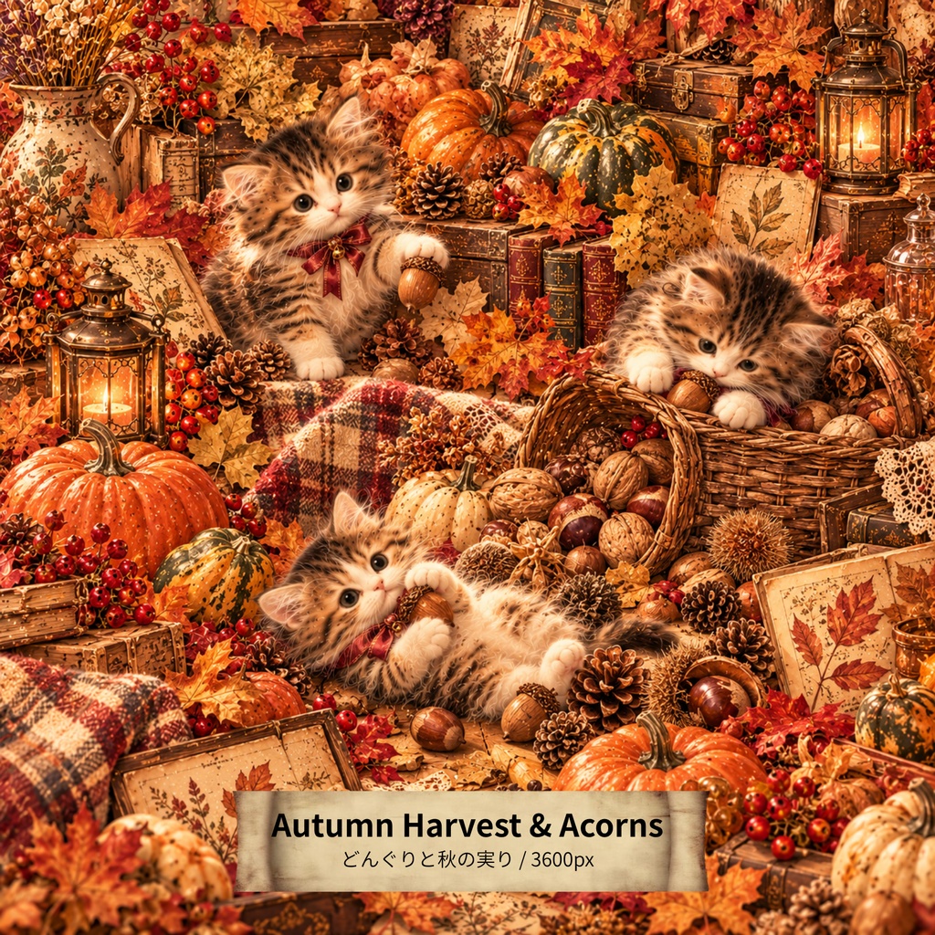 【無料/Free】ヴィンテージ猫 デジタルペーパー どんぐりと秋の実り / Vintage Cat Digital Paper: Autumn Harvest & Acorns (3600px/商用利用OK)