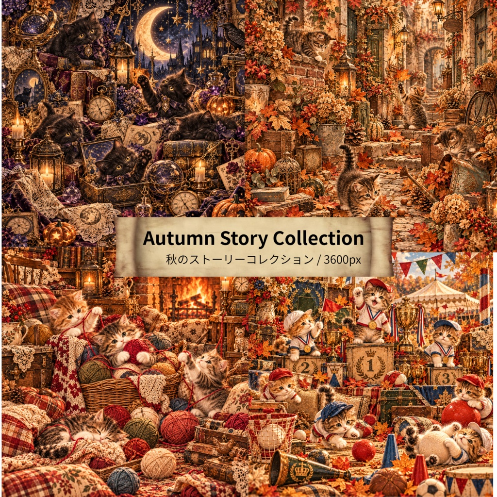 【期間限定価格】ヴィンテージ猫 デジタルペーパー 秋のストーリーコレクション 4枚セット / Vintage Cat Digital Paper: Autumn Story Collection (3600px/商用利用OK/コラージュ・手帳デコ素材)