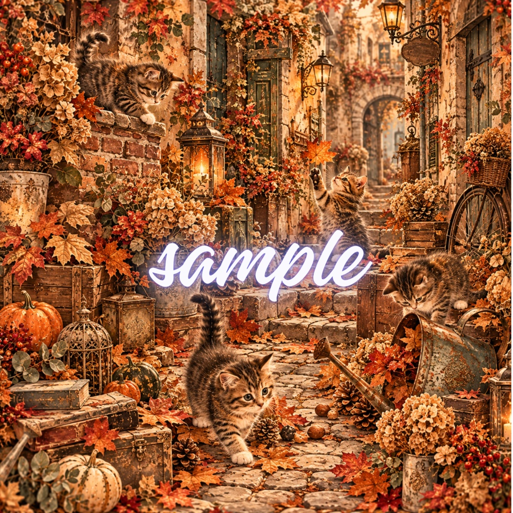 【期間限定価格】ヴィンテージ猫 デジタルペーパー 秋のストーリーコレクション 4枚セット / Vintage Cat Digital Paper: Autumn Story Collection (3600px/商用利用OK/コラージュ・手帳デコ素材)