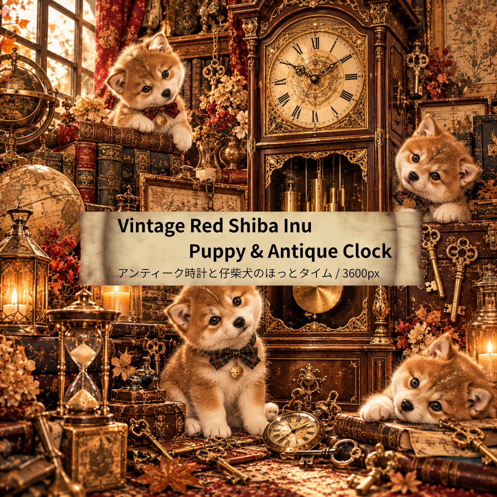 【無料お試し/商用利用OK】ヴィンテージ柴犬 デジタルペーパー クラシックなアンティーク時計と仔柴犬のほっとタイム / Vintage Red Shiba Inu Puppy & Antique Clock (3600px/コラージュ・手帳デコ素材)