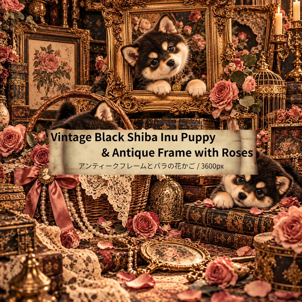 【無料お試し/商用利用OK】ヴィンテージ柴犬 デジタルペーパー アンティークフレームとバラの花かご / Vintage Black Shiba Inu Puppy & Antique Frame with Roses (3600px/コラージュ・手帳デコ素材)