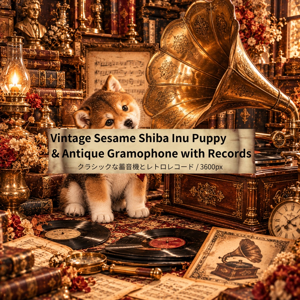 【無料お試し/商用利用OK】ヴィンテージ柴犬 デジタルペーパー クラシックな蓄音機とレトロレコード / Vintage Sesame Shiba Inu Puppy & Antique Gramophone with Records (3600px/コラージュ・手帳デコ素材)