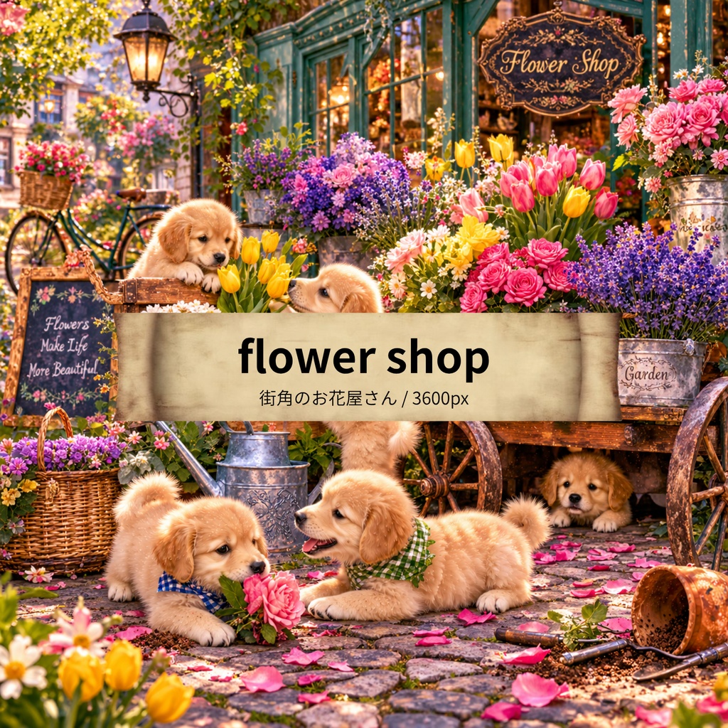【無料/商用利用OK】ヴィンテージ ゴールデンパピー デジタルペーパー 街角のクラシカルなお花屋さん 1枚 / Vintage Golden Retriever Puppies Digital Paper: Flower Shop (3600px/手帳デコ・コラージュ素材)