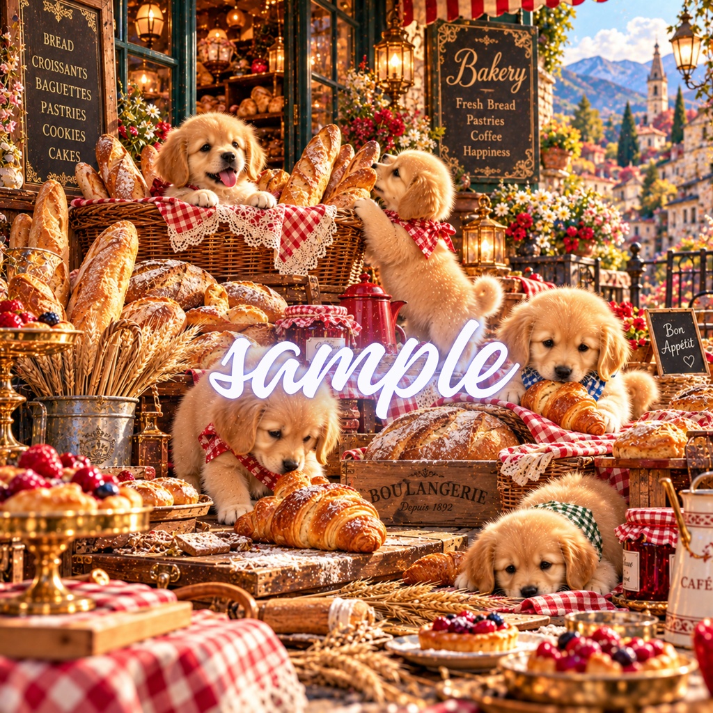 【期間限定300円/商用利用OK】ヴィンテージ ゴールデンパピー デジタルペーパー クラシカル・ベーカリー&焼き立てパン 4枚セット / Vintage Golden Retriever Puppies Digital Paper: Classical Bakery Collection (3600px/コラージュ・手帳デコ素材)