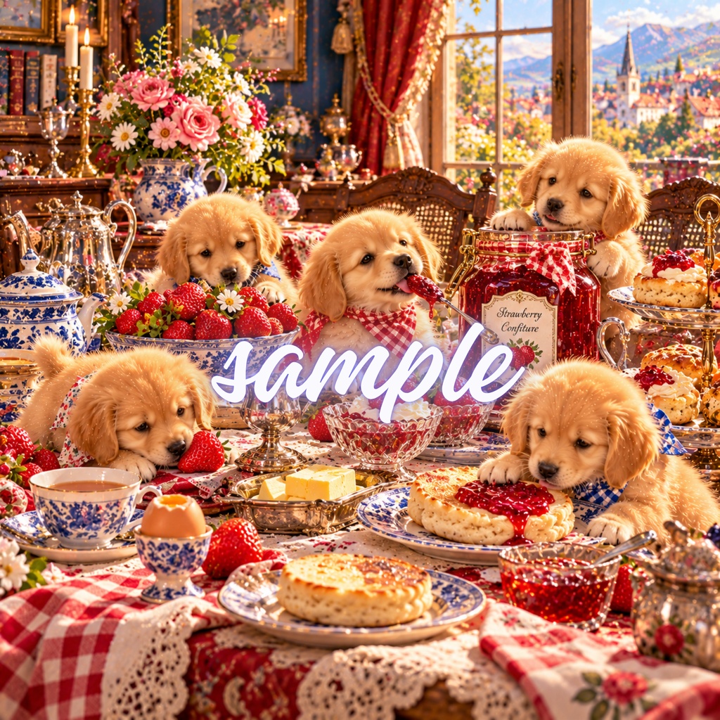【期間限定300円/商用利用OK】ヴィンテージ ゴールデンパピー デジタルペーパー クラシカル・ベーカリー&焼き立てパン 4枚セット / Vintage Golden Retriever Puppies Digital Paper: Classical Bakery Collection (3600px/コラージュ・手帳デコ素材)