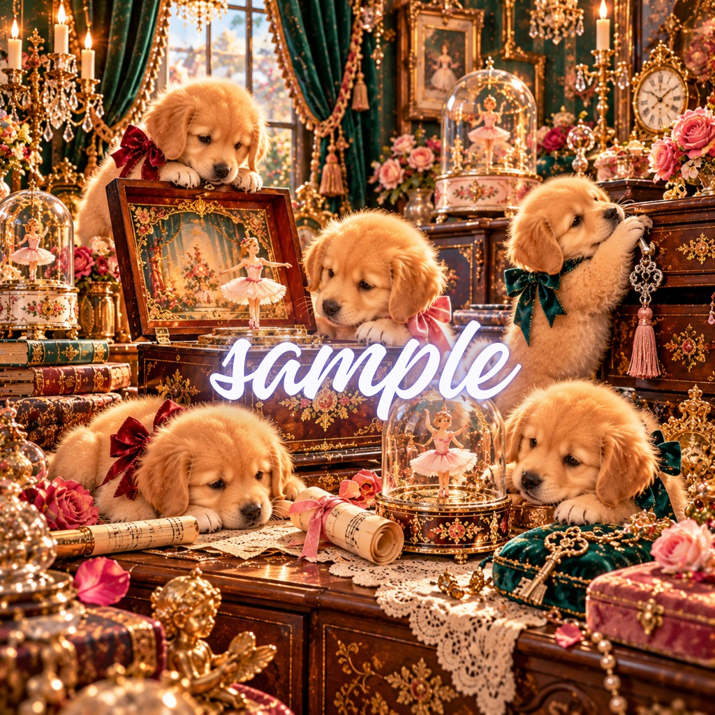 【期間限定300円/商用利用OK】ヴィンテージ ゴールデンパピー デジタルペーパー アンティーク・トイ&おもちゃの音楽会 4枚セット / Vintage Golden Retriever Puppies Digital Paper: Antique Toys & Music Collection (3600px/コラージュ・手帳デコ素材)