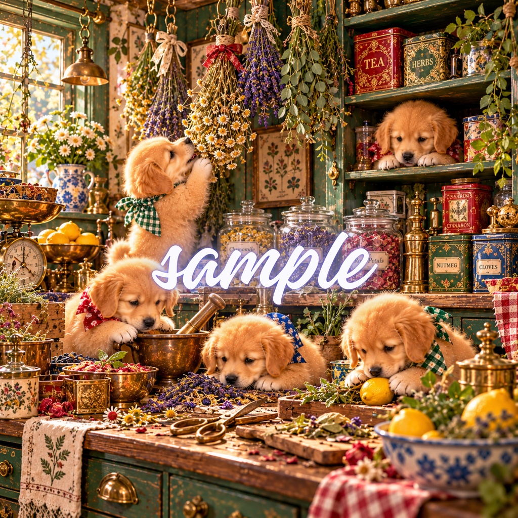 【期間限定300円/商用利用OK】ヴィンテージ ゴールデンパピー デジタルペーパー ヴィンテージ・キッチン&カントリークッキング 4枚セット / Vintage Golden Retriever Puppies Digital Paper: Country Kitchen Collection (3600px/コラージュ・手帳デコ素材)