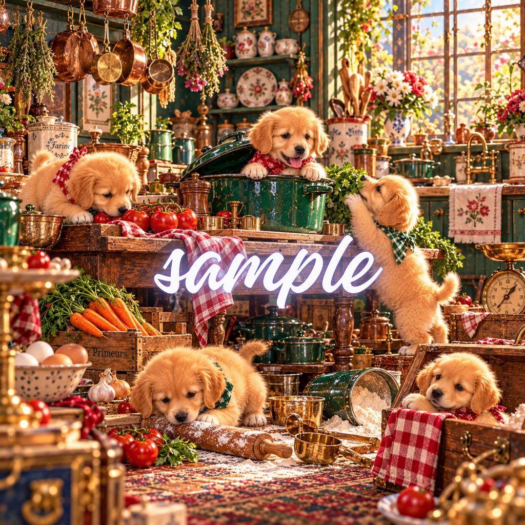 【期間限定300円/商用利用OK】ヴィンテージ ゴールデンパピー デジタルペーパー ヴィンテージ・キッチン&カントリークッキング 4枚セット / Vintage Golden Retriever Puppies Digital Paper: Country Kitchen Collection (3600px/コラージュ・手帳デコ素材)
