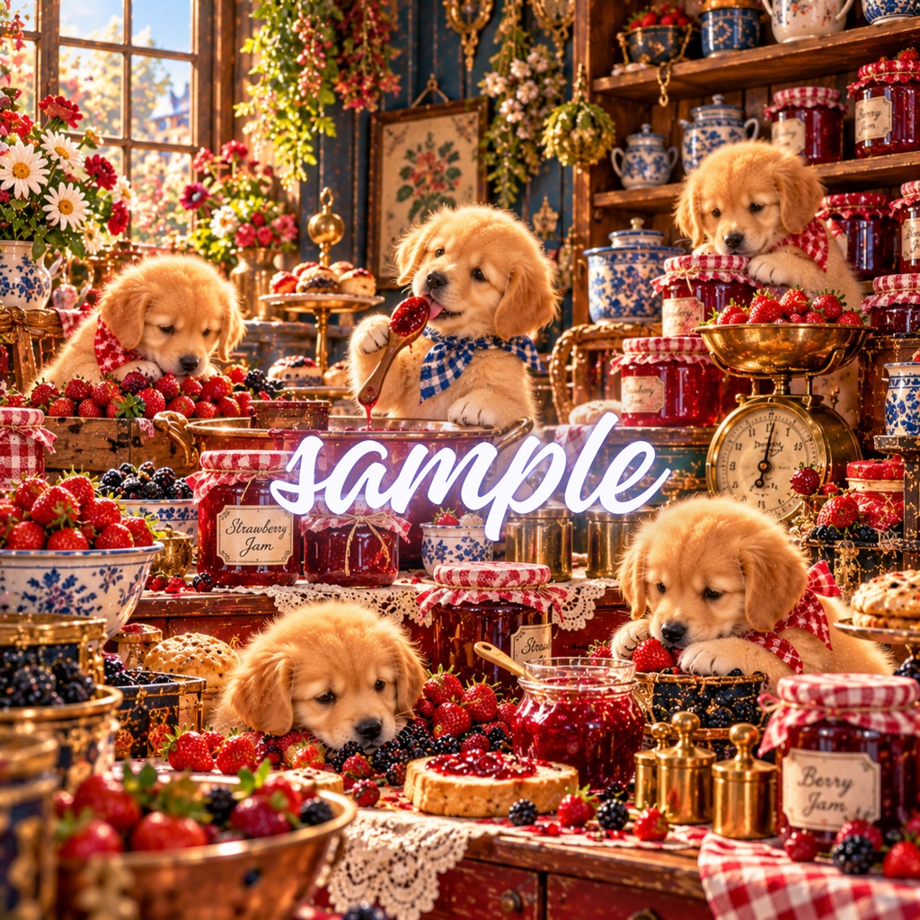 【期間限定300円/商用利用OK】ヴィンテージ ゴールデンパピー デジタルペーパー ヴィンテージ・キッチン&カントリークッキング 4枚セット / Vintage Golden Retriever Puppies Digital Paper: Country Kitchen Collection (3600px/コラージュ・手帳デコ素材)