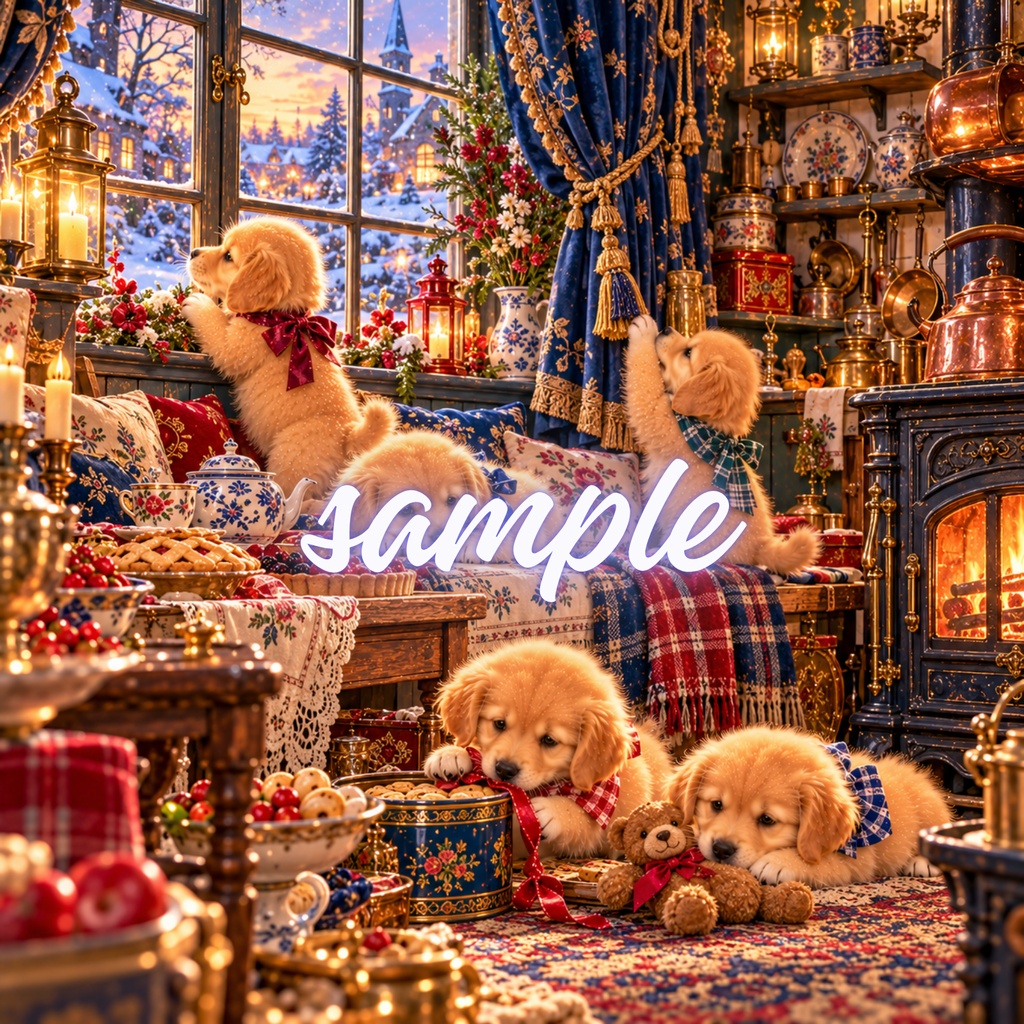 【期間限定300円/商用利用OK】ヴィンテージ ゴールデンパピー デジタルペーパー ヴィンテージ・キッチン&カントリークッキング 4枚セット / Vintage Golden Retriever Puppies Digital Paper: Country Kitchen Collection (3600px/コラージュ・手帳デコ素材)