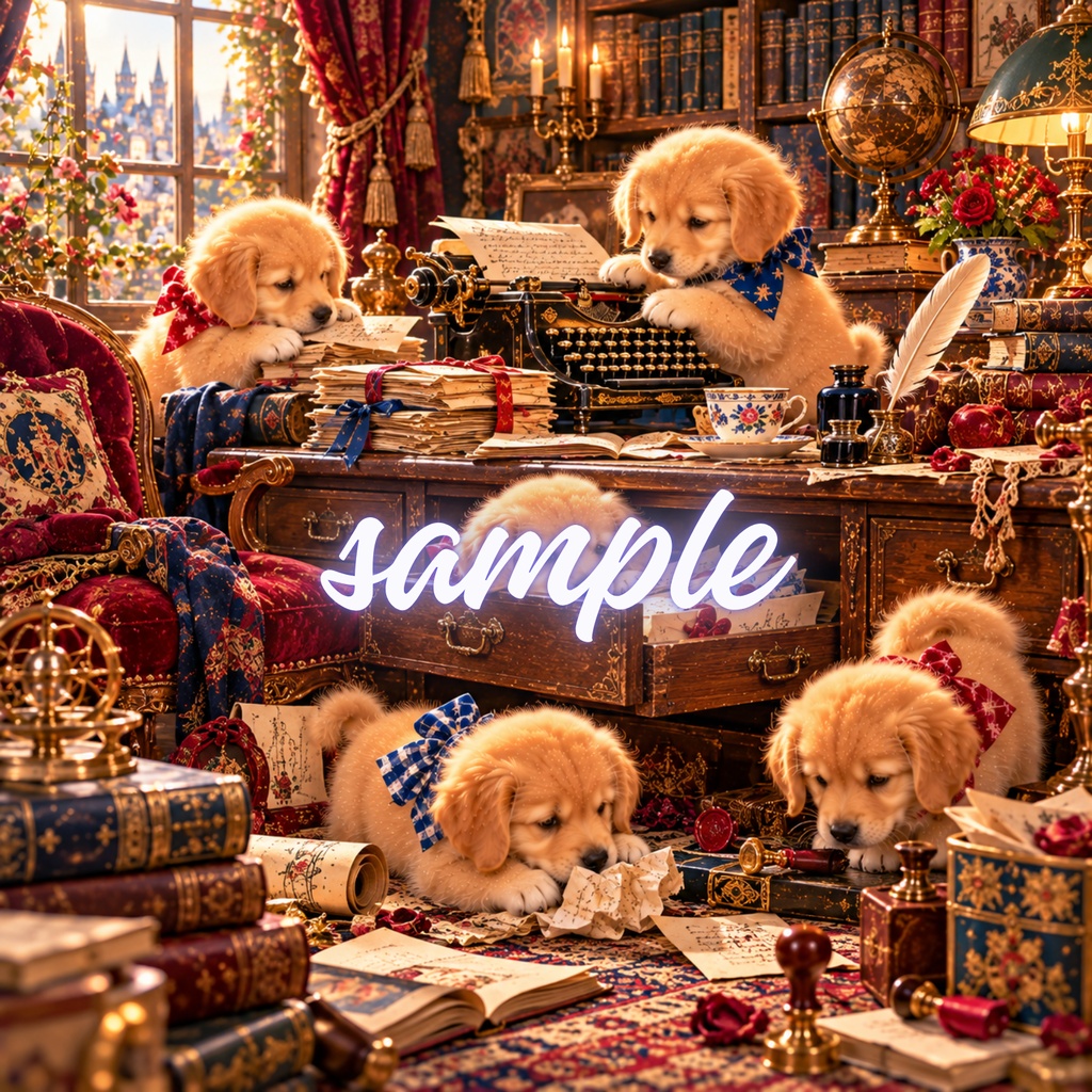 【期間限定300円/商用利用OK】ヴィンテージ ゴールデンパピー デジタルペーパー レトロ・ライブラリー&クラシックな書斎 4枚セット / Vintage Golden Retriever Puppies Digital Paper: Classic Library Collection (3600px/コラージュ・手帳デコ素材)