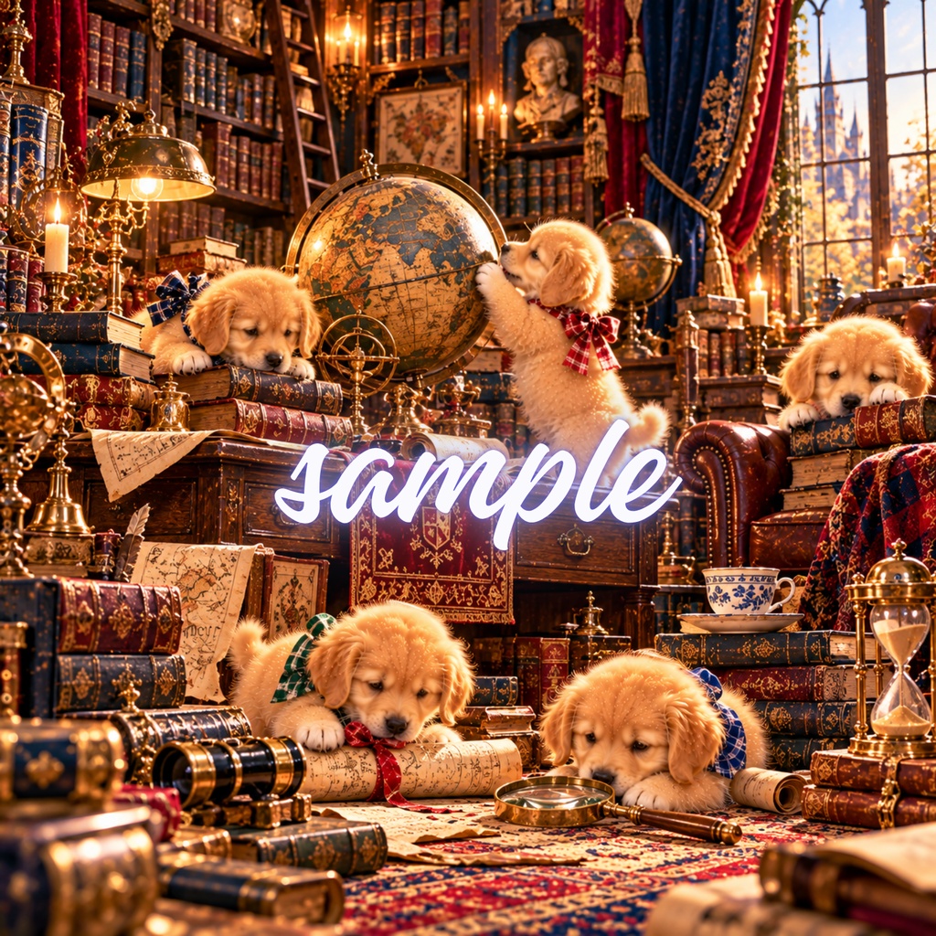 【期間限定300円/商用利用OK】ヴィンテージ ゴールデンパピー デジタルペーパー レトロ・ライブラリー&クラシックな書斎 4枚セット / Vintage Golden Retriever Puppies Digital Paper: Classic Library Collection (3600px/コラージュ・手帳デコ素材)