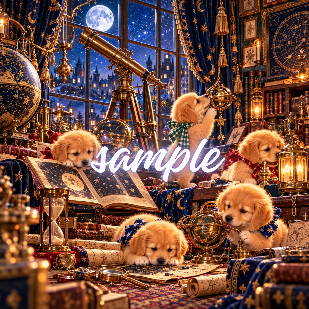 【期間限定300円/商用利用OK】ヴィンテージ ゴールデンパピー デジタルペーパー レトロ・ライブラリー&クラシックな書斎 4枚セット / Vintage Golden Retriever Puppies Digital Paper: Classic Library Collection (3600px/コラージュ・手帳デコ素材)