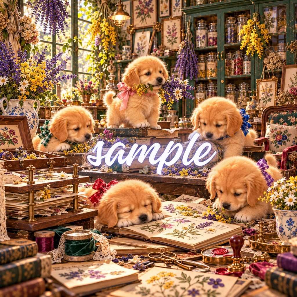 【期間限定300円/商用利用OK】ヴィンテージ ゴールデンパピー デジタルペーパー ボタニカル・グリーンハウス&クラシックローズ 4枚セット / Vintage Golden Retriever Puppies Digital Paper: Rose Greenhouse Collection (3600px/コラージュ・手帳デコ素材)