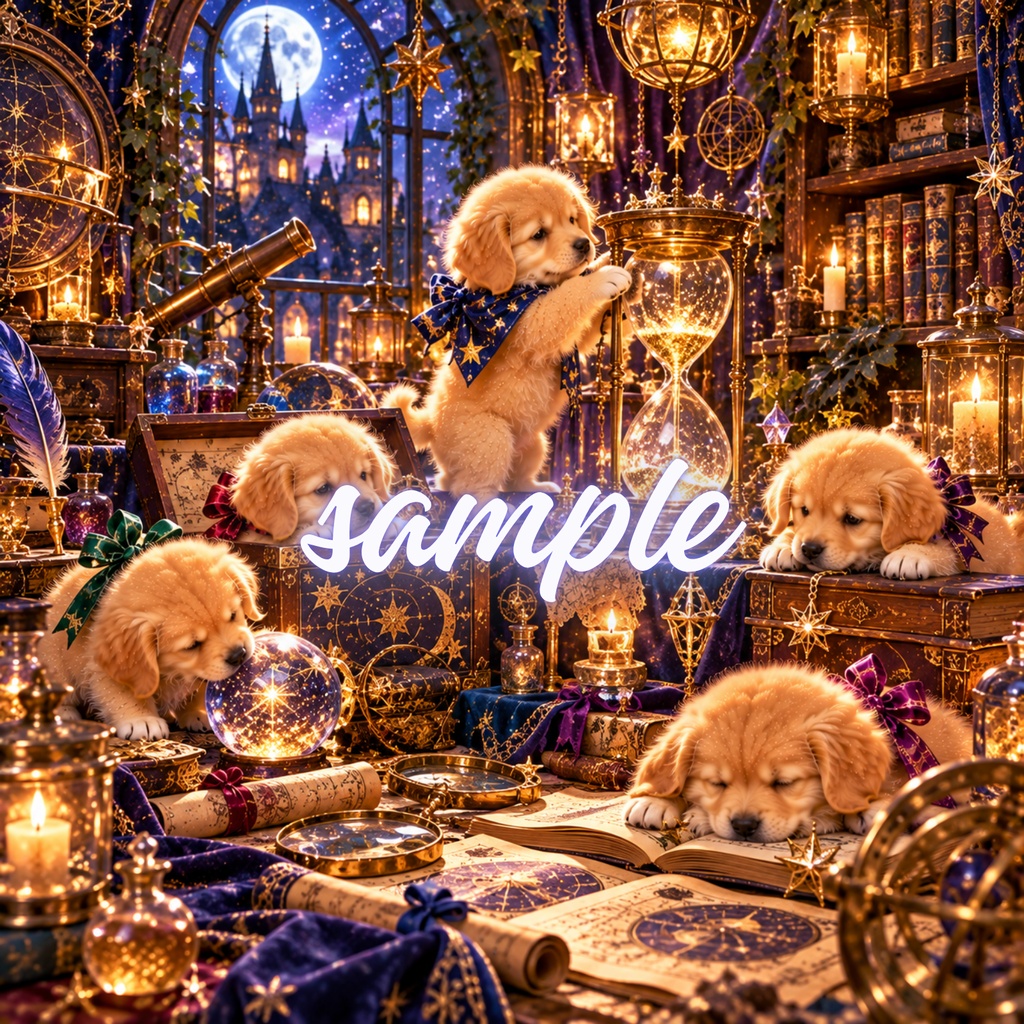 【期間限定300円/商用利用OK】ヴィンテージ ゴールデンパピー デジタルペーパー ファンタジック・スターライト&魔法のパフューム 4枚セット / Vintage Golden Retriever Puppies Digital Paper: Starlight Perfume Collection (3600px/コラージュ・手帳デコ素材)