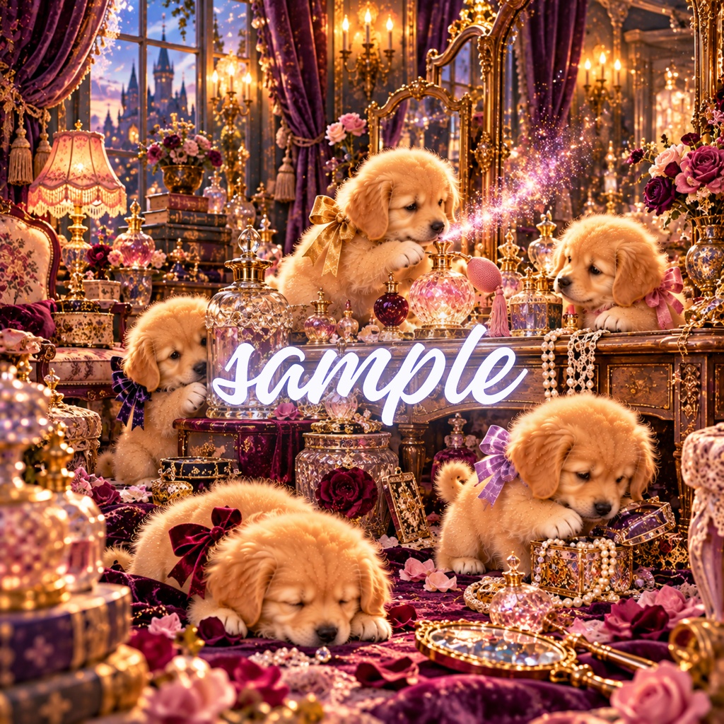 【期間限定300円/商用利用OK】ヴィンテージ ゴールデンパピー デジタルペーパー ファンタジック・スターライト&魔法のパフューム 4枚セット / Vintage Golden Retriever Puppies Digital Paper: Starlight Perfume Collection (3600px/コラージュ・手帳デコ素材)