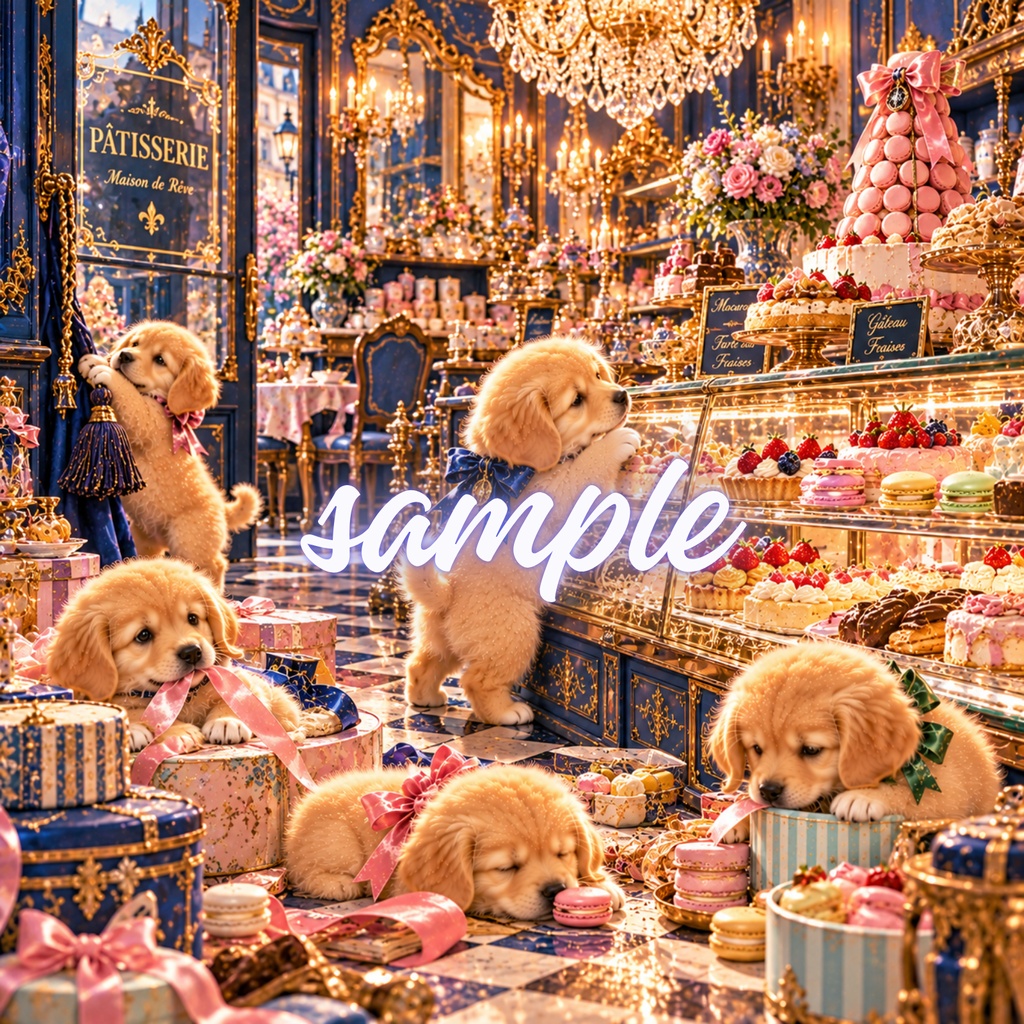 【期間限定300円/商用利用OK】ヴィンテージ ゴールデンパピー デジタルペーパー クラシック・アフタヌーンティー&洋菓子店 4枚セット / Vintage Golden Retriever Puppies Digital Paper: Tea Time Patisserie Collection (3600px/コラージュ・手帳デコ素材)