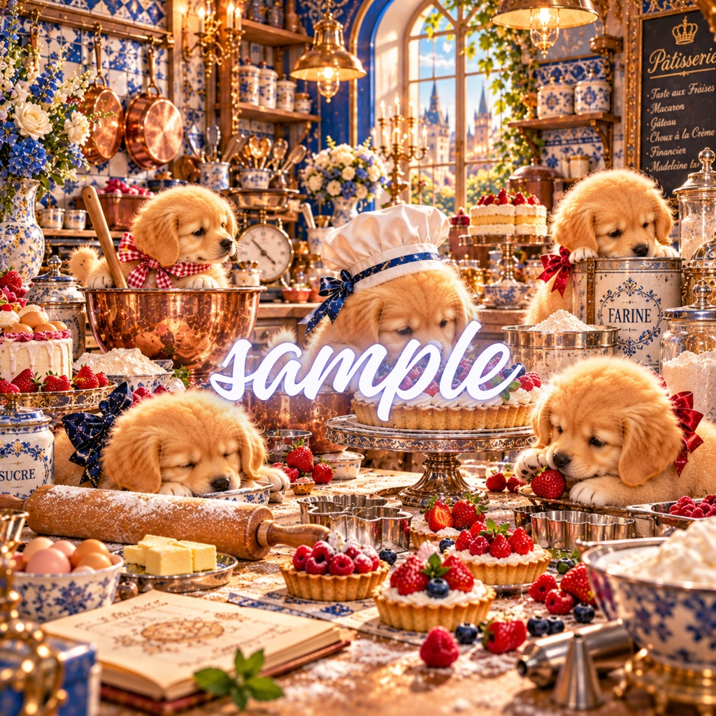【期間限定300円/商用利用OK】ヴィンテージ ゴールデンパピー デジタルペーパー クラシック・アフタヌーンティー&洋菓子店 4枚セット / Vintage Golden Retriever Puppies Digital Paper: Tea Time Patisserie Collection (3600px/コラージュ・手帳デコ素材)