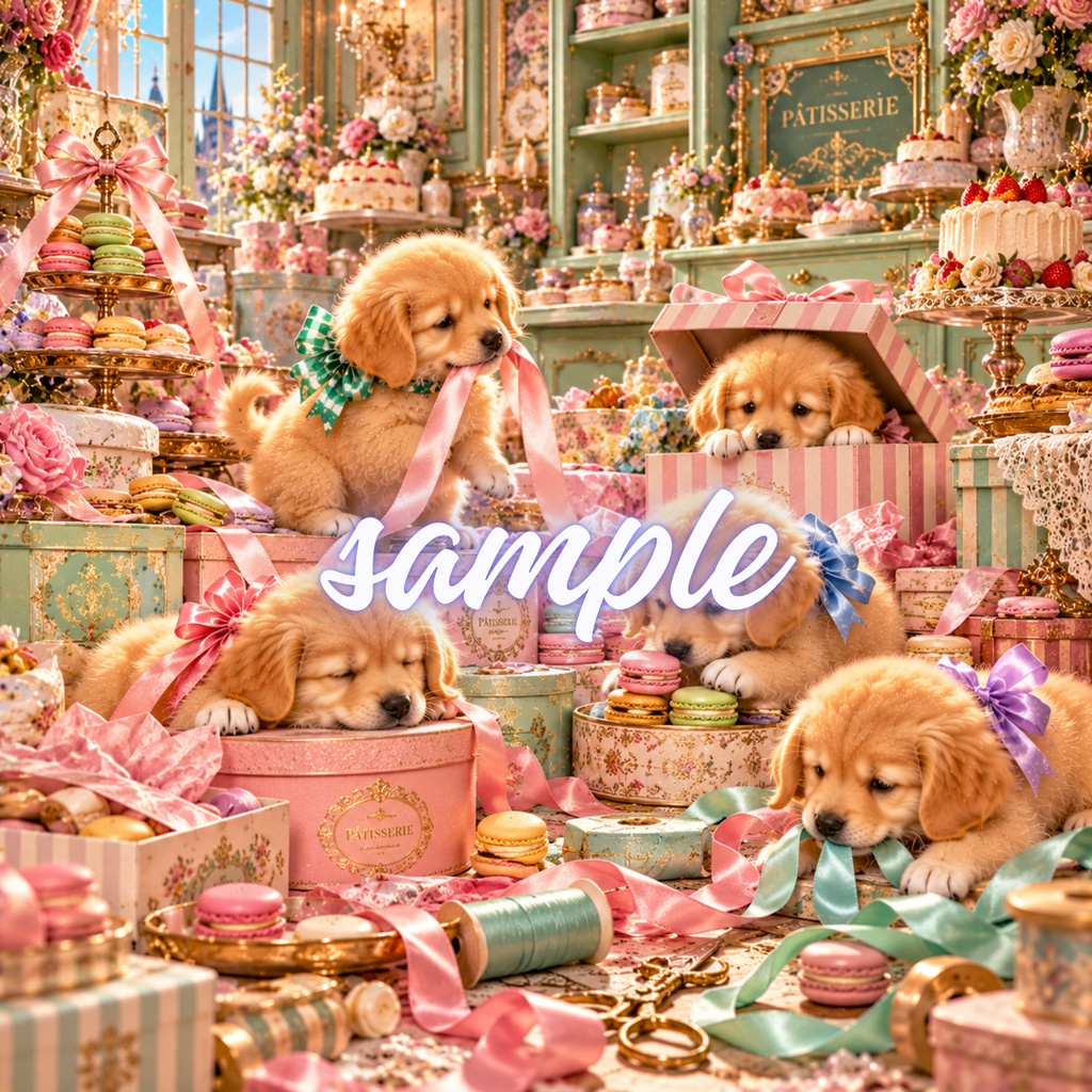 【期間限定300円/商用利用OK】ヴィンテージ ゴールデンパピー デジタルペーパー クラシック・アフタヌーンティー&洋菓子店 4枚セット / Vintage Golden Retriever Puppies Digital Paper: Tea Time Patisserie Collection (3600px/コラージュ・手帳デコ素材)