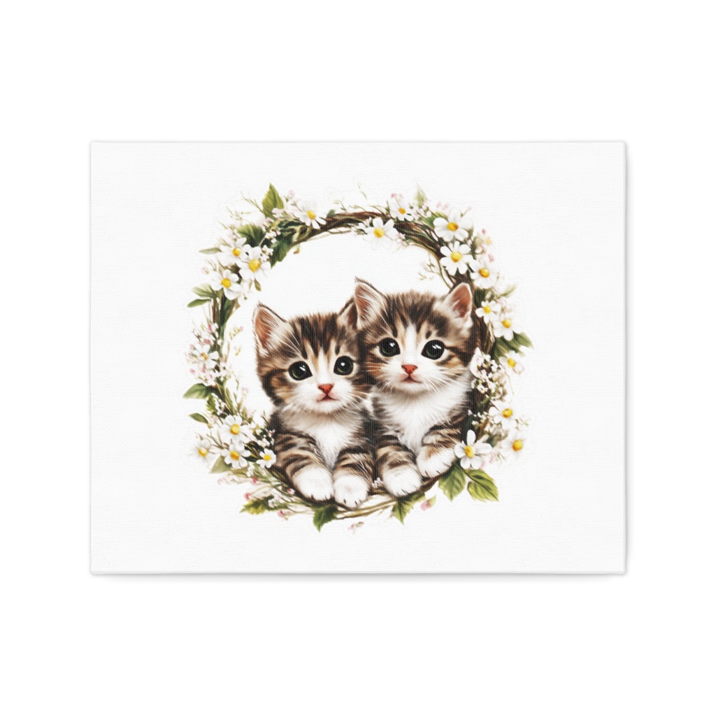 双子猫のフラワーリース：キャンバスアート