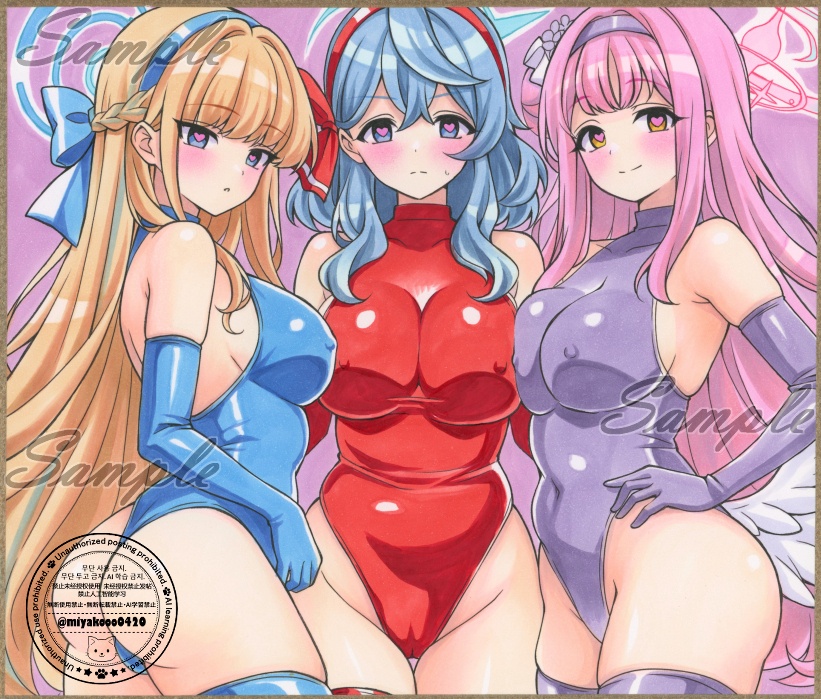 同人☆手描きイラスト☆ブルーアーカイブ☆ブルアカ☆トキ＆アコ＆ミカ☆中色紙☆直筆☆原画☆