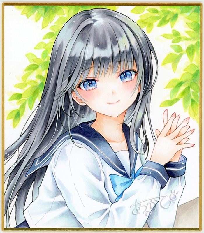 『新緑と黒髪セーラーさん』手描き小色紙 250531SA