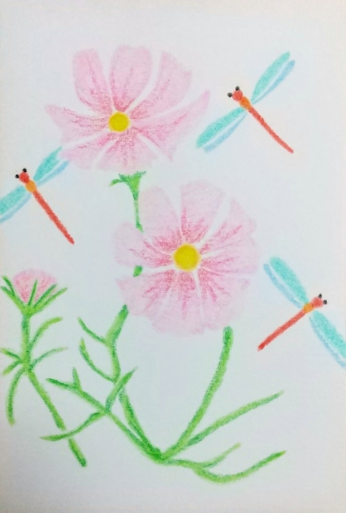 一点物・手描き原画ポストカード《秋空に舞うコスモスと赤とんぼ》油性色鉛筆画