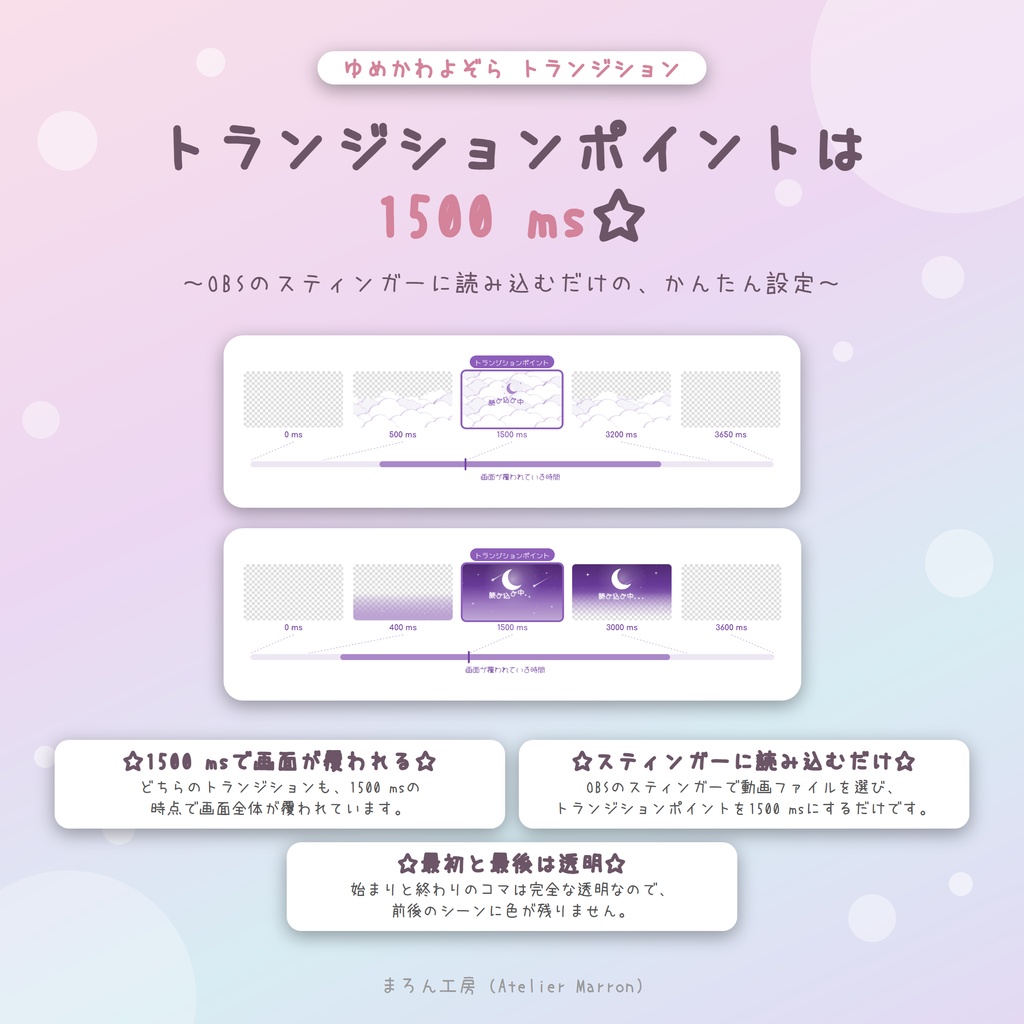 【OBS対応】雲と夜空のスティンガートランジション☆全6色・日本語/英語☆【ゆめかわよぞら】