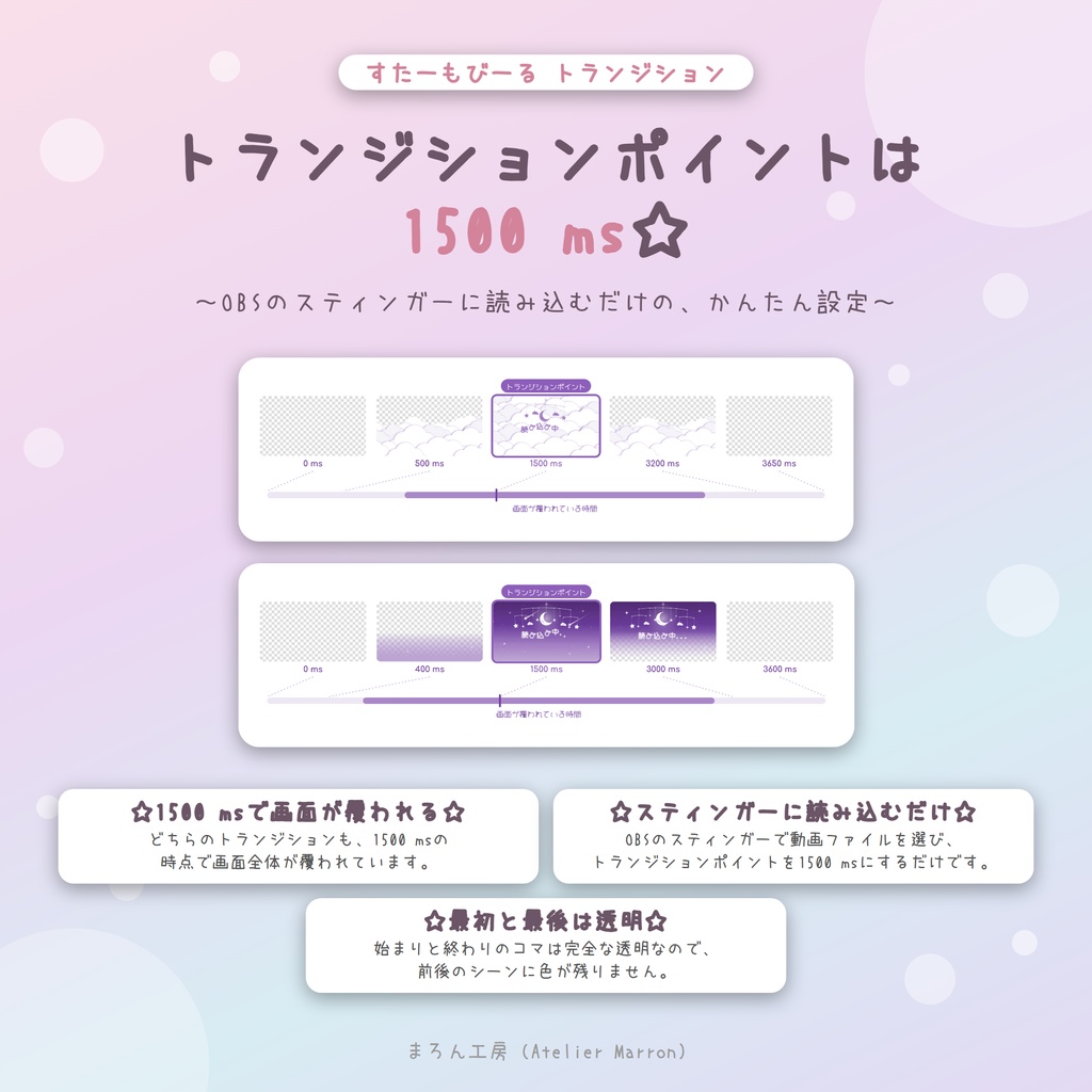 【OBS対応】月と星のモビールが降りてくるスティンガートランジション☆全6色・日本語/英語☆【すたーもびーる】