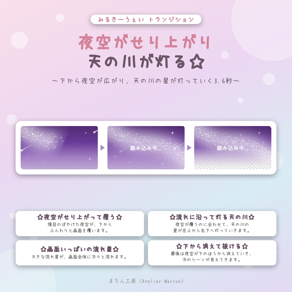 【OBS対応】天の川の星が灯るスティンガートランジション☆全6色・日本語/英語☆【みるきーうぇい】