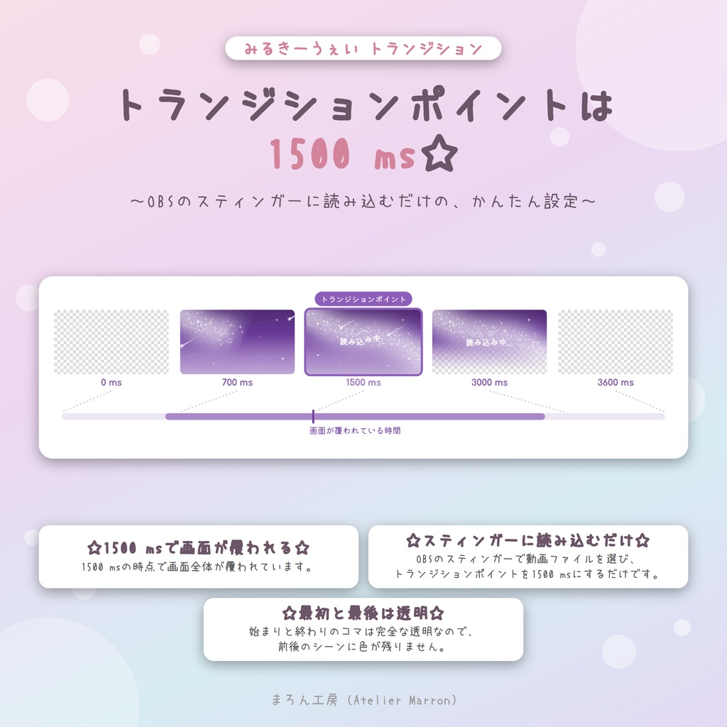 【OBS対応】天の川の星が灯るスティンガートランジション☆全6色・日本語/英語☆【みるきーうぇい】