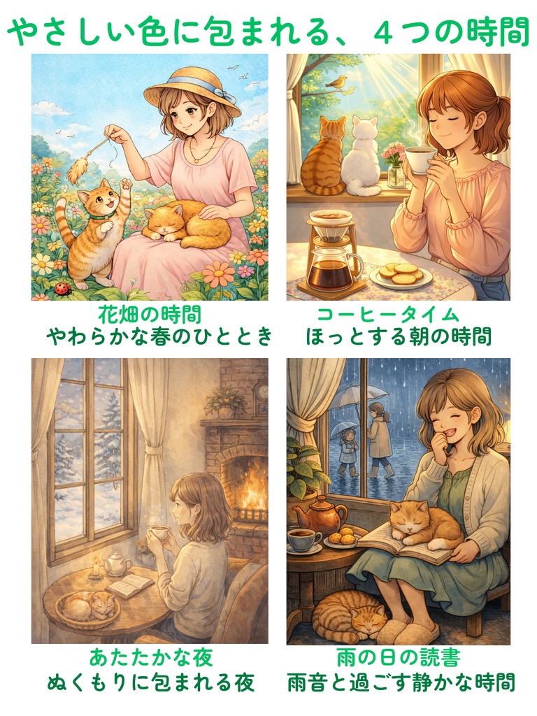 【PDF】こころがゆるむ やさしい時間|癒やしの大人の塗り絵 4枚セット(色見本付き)