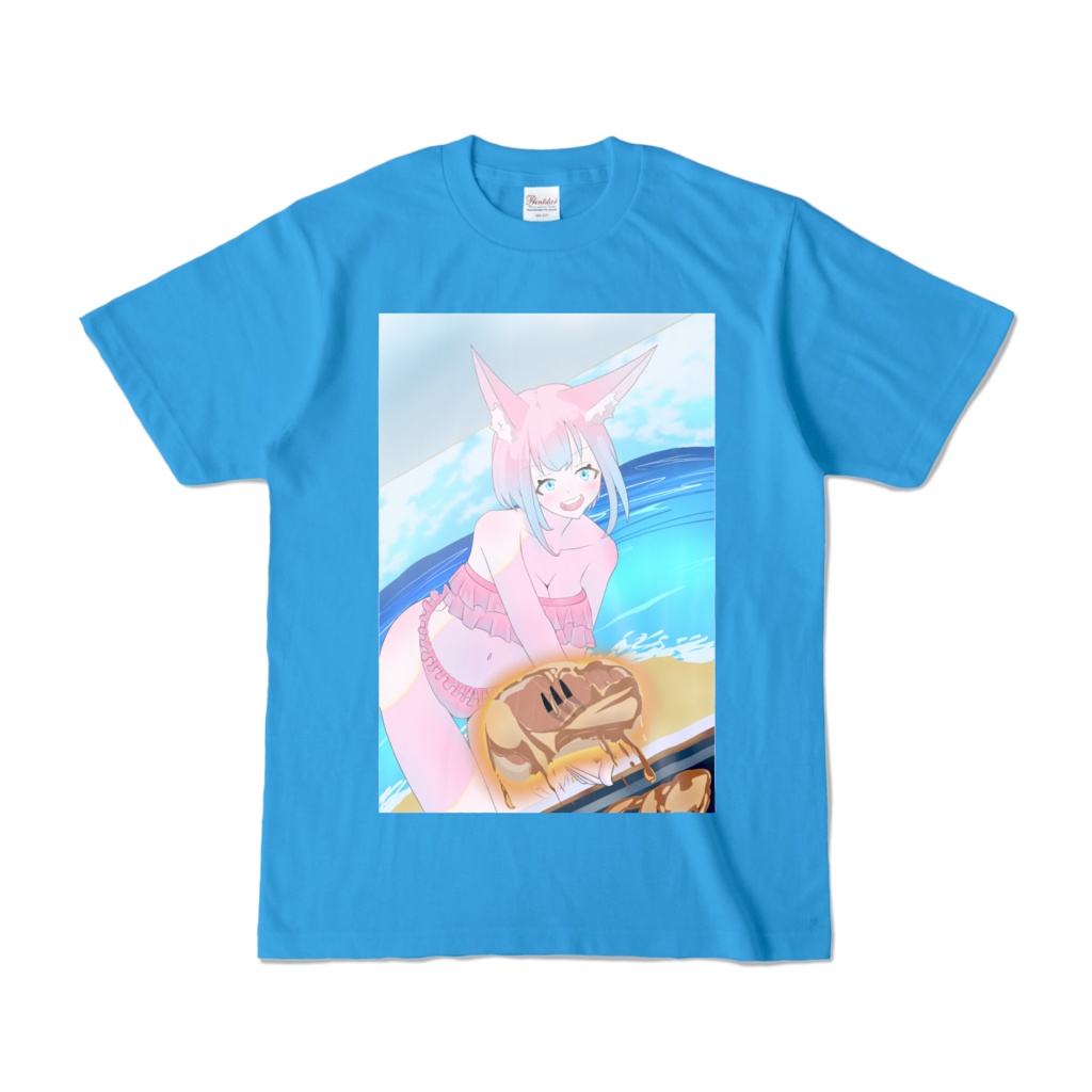 ステーキをあげる人狼ちゃん半袖Tシャツ（青）