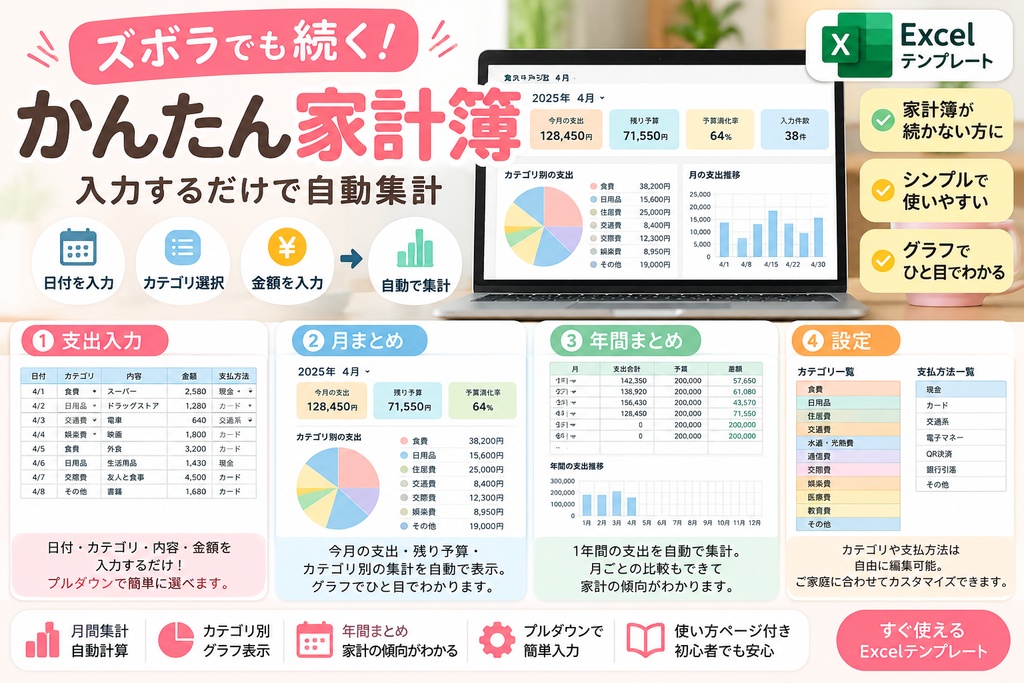 ズボラでも続く！超かんたん家計簿｜Excel家計簿テンプレート