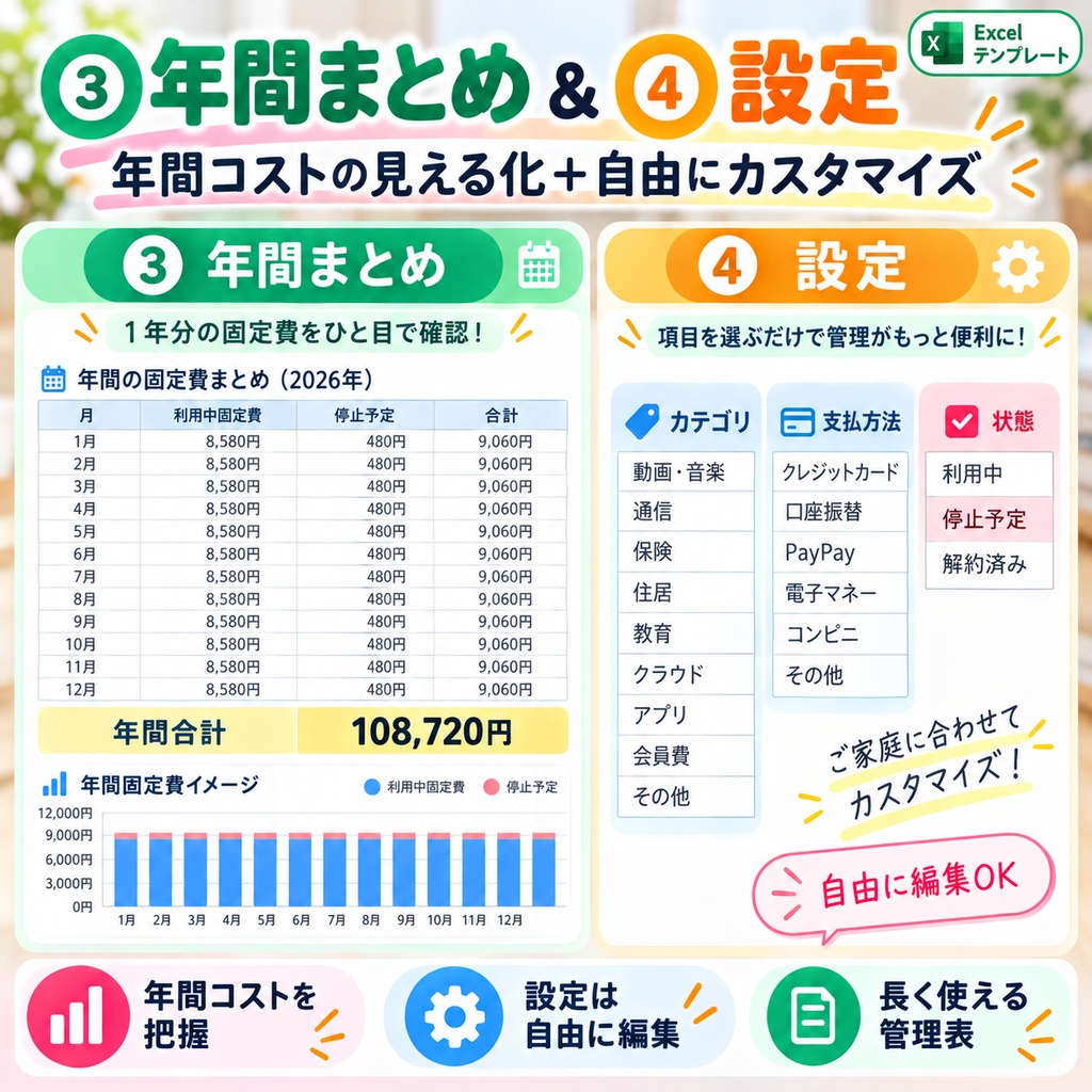 払いすぎ防止!固定費・サブスク管理表|Excelテンプレート
