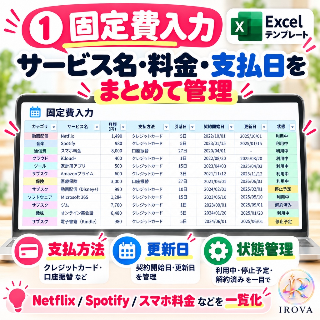 IROVA 家計管理3点セット|家計簿・固定費・貯金|Excelテンプレート