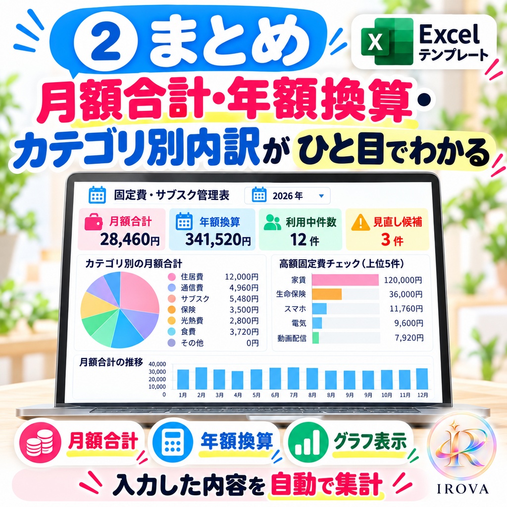 IROVA 家計管理3点セット|家計簿・固定費・貯金|Excelテンプレート