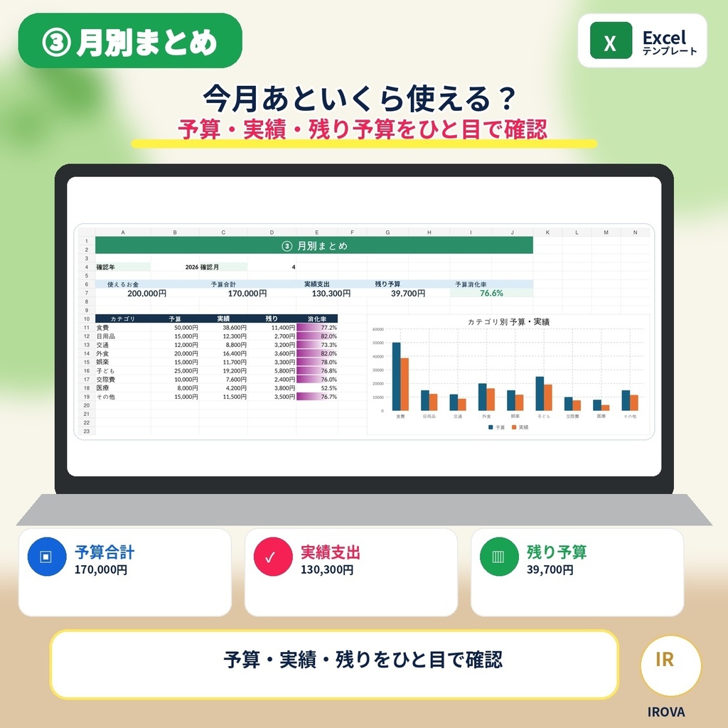 使いすぎ防止!月間予算・予算振り分け表|Excelテンプレート