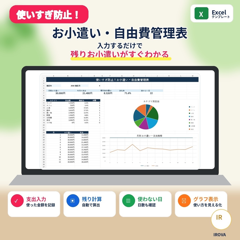 使いすぎ防止!お小遣い・自由費管理表|Excelテンプレート