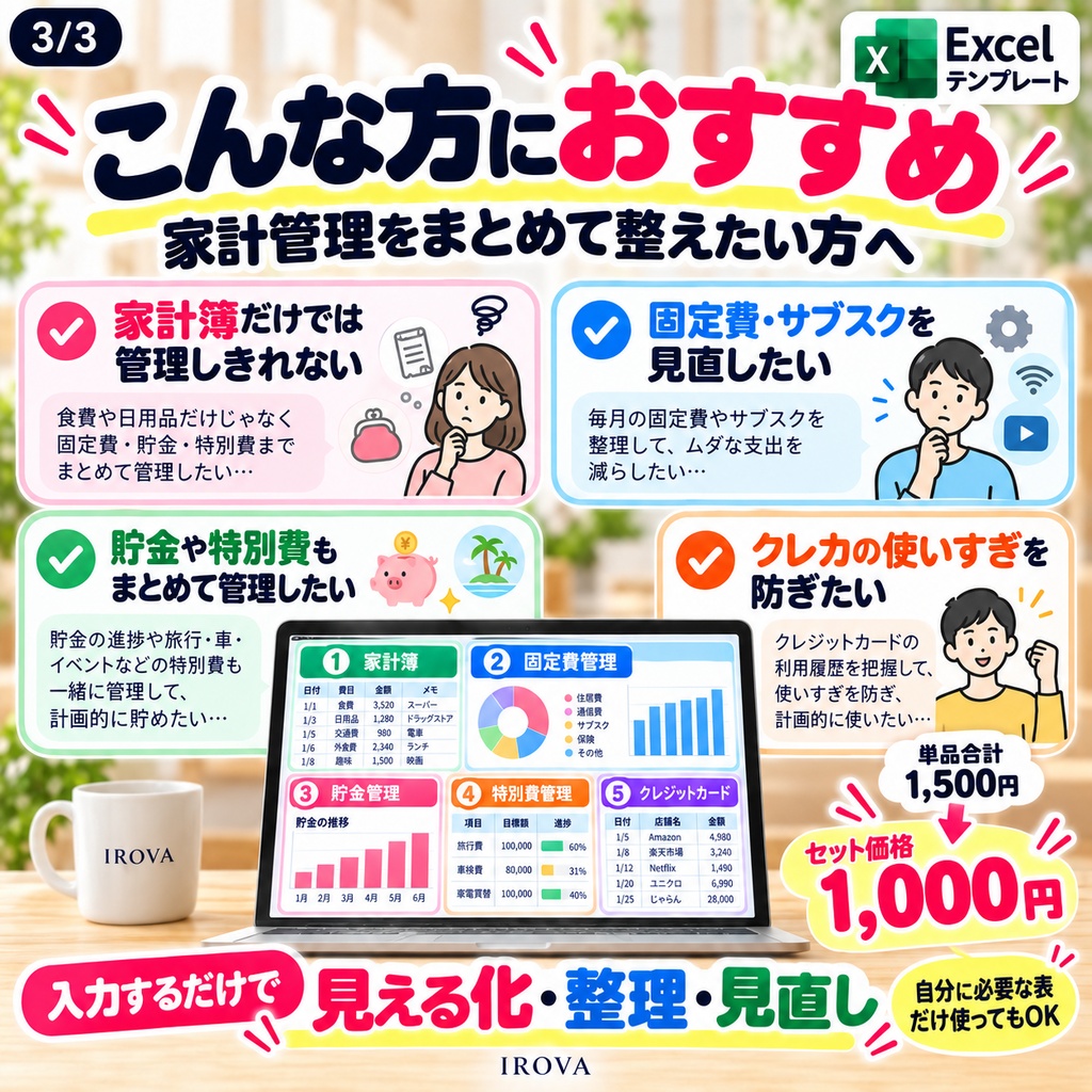 IROVA 家計管理5点セット|家計簿・固定費・貯金・特別費・クレカ|Excelテンプレート