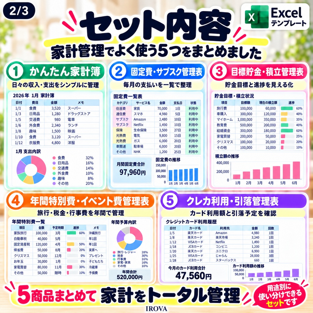 IROVA 家計管理5点セット|家計簿・固定費・貯金・特別費・クレカ|Excelテンプレート