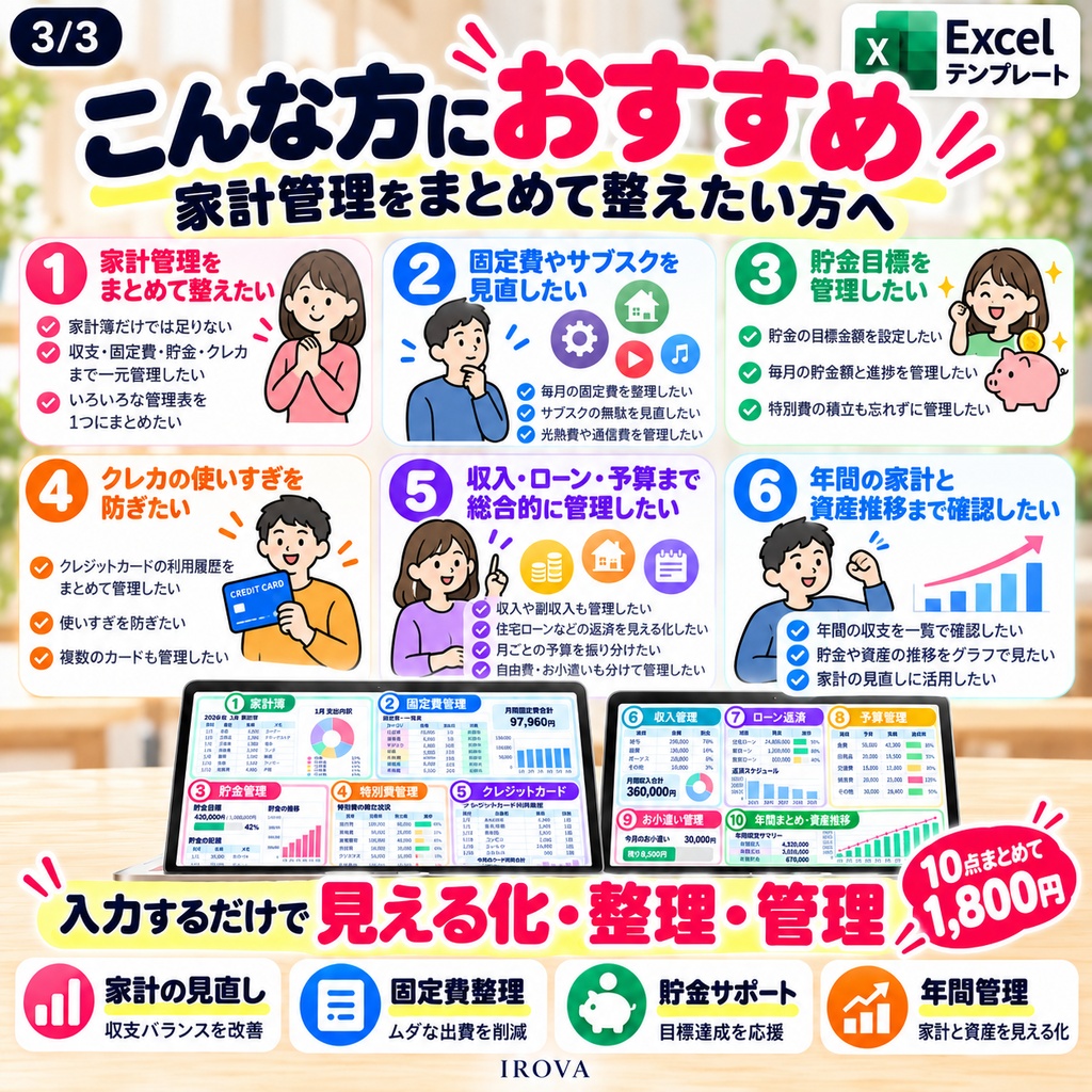 IROVA 家計管理10点フルセット|家計簿・固定費・貯金・クレカ・予算・資産管理|Excelテンプレート