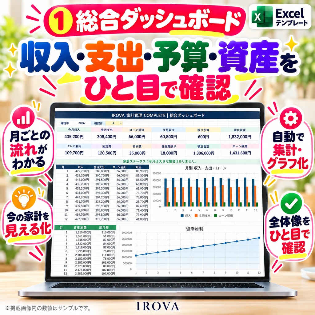 IROVA 家計管理 COMPLETE|家計簿・予算・貯金・クレカ・ローン・資産をこれ1つで|Excelテンプレート 価格