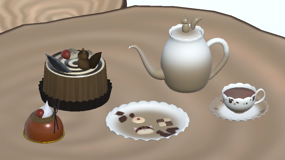 マロンとリスのケーキとティーセット(VRChat想定)