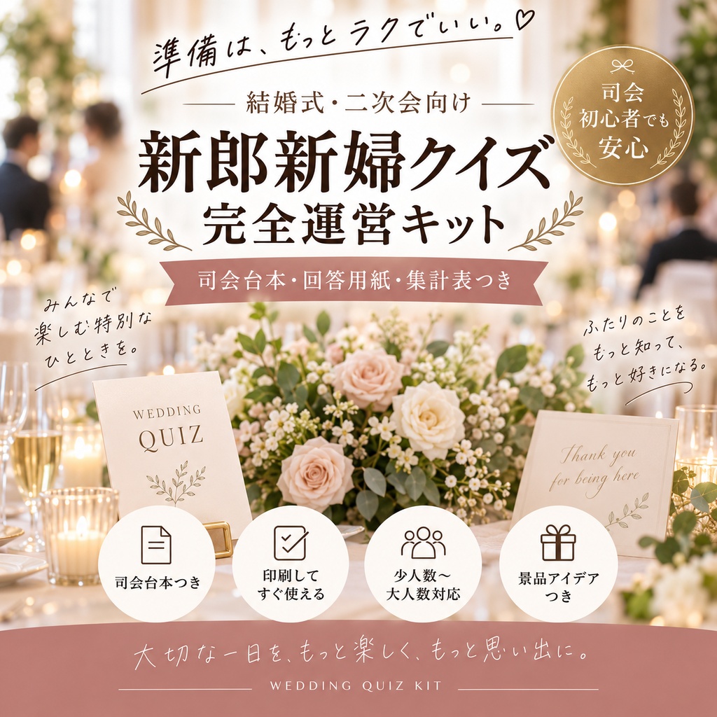 新郎新婦クイズ 完全運営キット|司会台本・回答用紙・集計表つき|結婚式・二次会 PDF+編集版