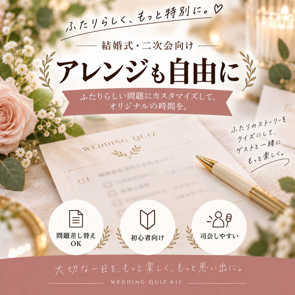 新郎新婦クイズ 完全運営キット｜司会台本・回答用紙・集計表つき｜結婚式・二次会 PDF＋編集版