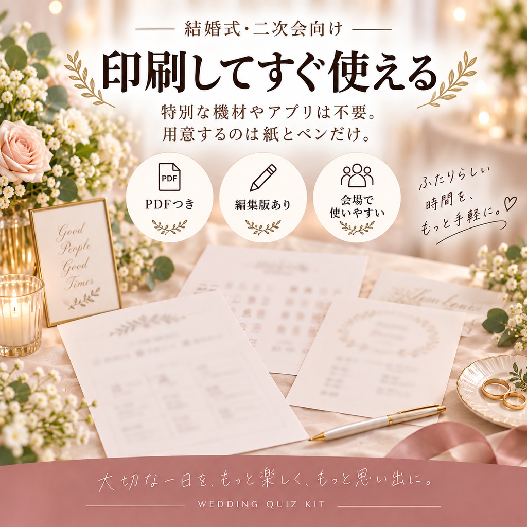 新郎新婦クイズ 完全運営キット|司会台本・回答用紙・集計表つき|結婚式・二次会 PDF+編集版