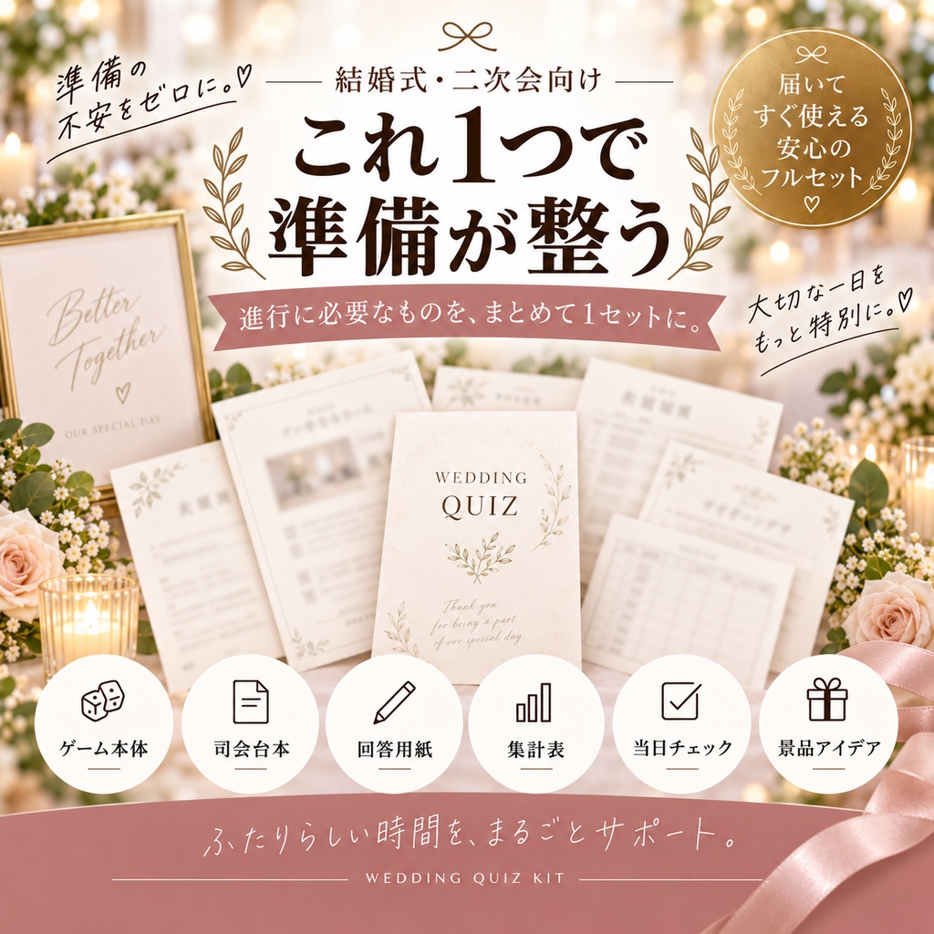 新郎新婦クイズ 完全運営キット|司会台本・回答用紙・集計表つき|結婚式・二次会 PDF+編集版